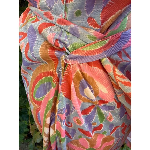 70s Rainbow Floral Psychedelic Tunic Wrap Dress Dagger Collar Volup - Picture 9 of 13
